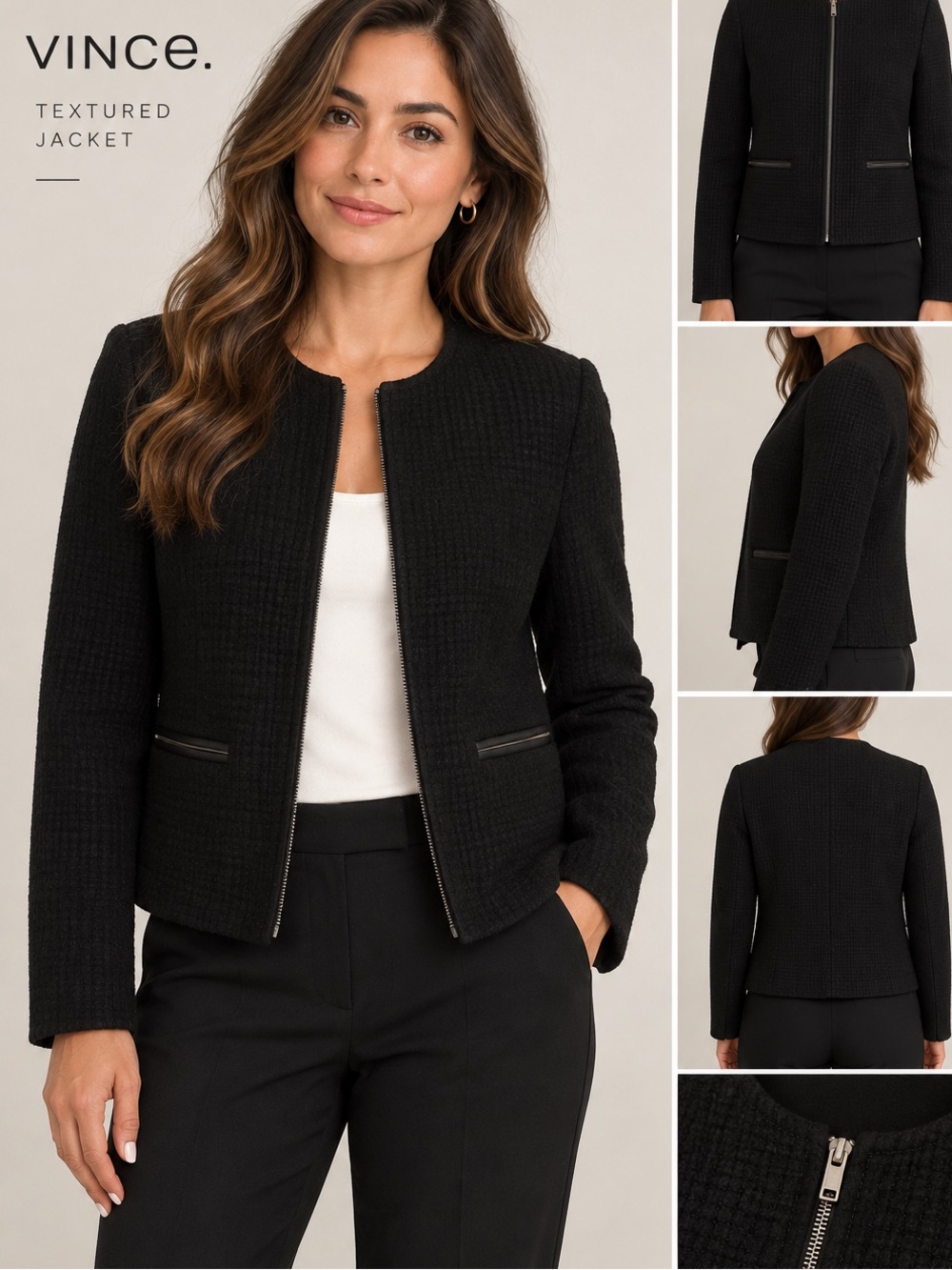 Vince Women’s Black Textured Wool Blend Zip Jacket Size 8